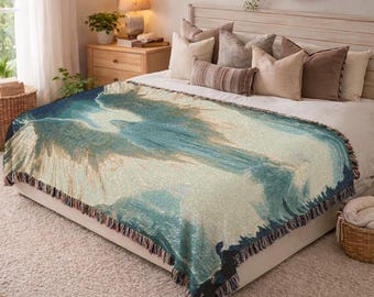 Ethereal Landscape Woven Blanket Abstract Mountain Reflection Tapestry Blue Teal Cotton Throw Modern Art Blanket Unique Home Gift 428