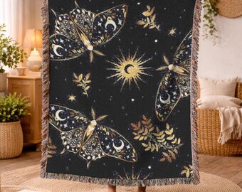 Celestial Moth Woven Blanket Moon Phase Sun and Stars Cotton Throw Rug Dark Academia Home Decor Christmas Holiday Gift for Daughter 463