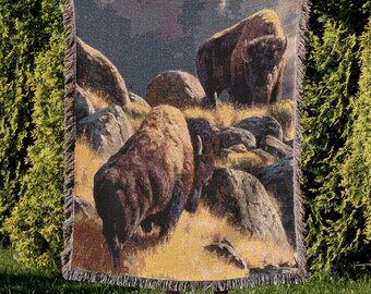 Bison Woven Blanket Holiday Gift American Buffalo Cotton Throw Woven Tapestry Wall Hanging Rustic Cabin Decor Wildlife Art Blanket 412