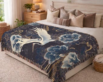 Woven Blanket Japanese Crane Throw Blue Flower Tapestry Art Cotton Throw Blanket Birthday Gift For Women Mom Daughter Best Friend Gift 332
