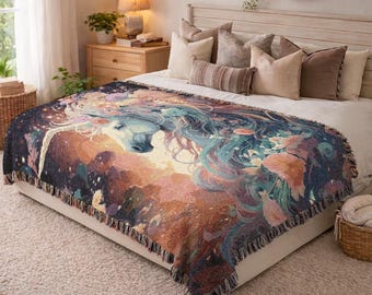 Holiday Gift Unicorn Woven Blanket Floral Starry Sky Tapestry Christmas Present for Fantasy Lovers Winter Cozy Home Decor Soft Throw 321