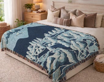 Mountain Peak Woven Blanket Blue Cottagecore Home Decor Cotton Tapestry Throw For Sofa Housewarming Gift Outdoor Scene Blanket Vintage 560
