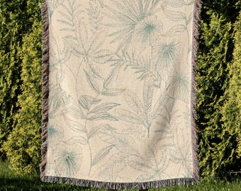 Botanical Woven Blanket Tropical Leaf Throw Premium Textured Cotton Bedding Aesthetic Home Decor Living Room Birthday Gift For Her Him 661