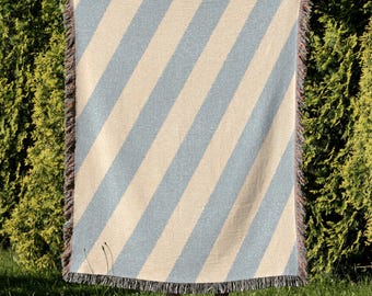 Blue Striped Woven Blanket Textured Cotton Throw Bedding for Bedroom Farmhouse Style Cozy Home Accent Holiday Gift for Mom Friend 516
