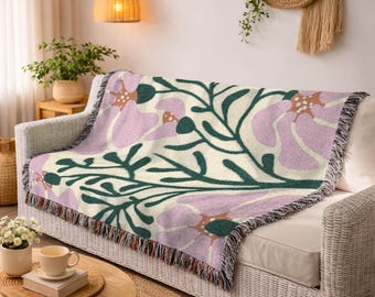 Woven Blanket Holiday Gift Pink Floral Cotton Throw Large Soft Decorative Blanket For Sofa Christmas Gift For Her Botanical Art Rug 618