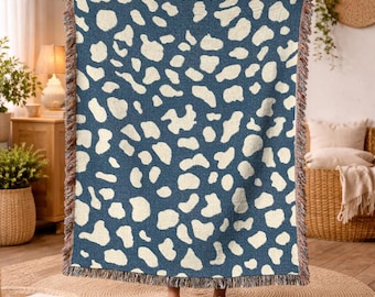 Blue Leopard Woven Blanket Birthday Gifts for Her Trendy Cheetah Throw Blanket Aesthetic Cow Print Bedding Animal Print Couch Cover 496