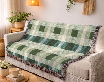 Green Plaid Woven Blanket Textured Cotton Throw Cozy Grid Fringe Blanket Sage Checkerboard Bedding Aesthetic Room Decor Holiday Gift 796