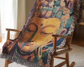 Woven Blanket Buddha Design Holiday Gift For Mom Cozy Artistic Cotton Throw Aesthetic Room Decor Zen Christmas Gift Large Tapestry 340