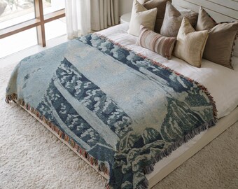 Waterfall Landscape Woven Blanket Monochromatic Steel Blue Ice Cream Palette Forested Cliffs Pacific Northwest Cozy Holiday Gift Throw 564