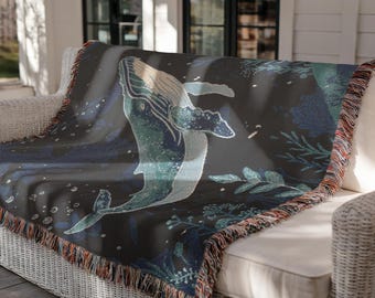 Woven Blanket Whale Art Print Birthday Gift for Him Coastal Bedroom Decor Dark Blue Nautical Throw Aesthetic Dorm Decor Unique Gift 270