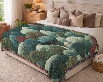 Forest Woven Blanket Botanical Throw Textured Cotton Tapestry Wall Hanging Woodland Home Decor Unique Holiday Gift For Nature Lover 1032