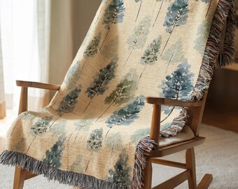 Forest Tree Woven Blanket Nature Lover Holiday Gift Cozy Cabin Throw Green Blue Decorative Bedding Textile For Home Unique Present 1066