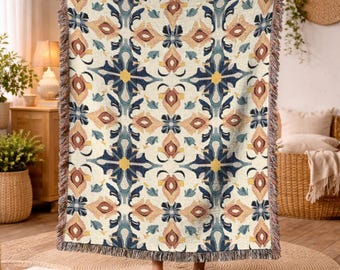 Rustic Mediterranean Tapestry Woven Blanket Gift Symmetrical Tile Motif Vintage Star Design Navy Gold Warm Cool Tones Throw 773