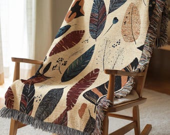 Large Woven Blanket with Fall Leaves Pattern Cotton Throw Rug for Couch Boho Nature Home Decor Unique Earth Tones Foliage Wall Art 767