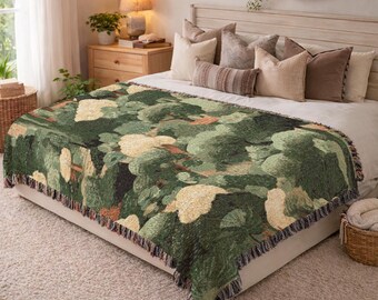 Textured Forest Woven Blanket Earth Tone Sofa Throw Blanket Cozy Cottagecore Living Room Decor Botanical Art Throw Gift Items Adds 1029