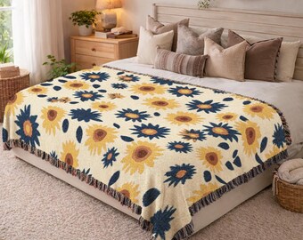 Retro Floral Woven Blanket Boho Daisy Throw Blanket Cottagecore Flower Power Couch Cover 70s Vintage Bedding Holiday Gift For Women 744