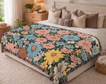 Cute Daisy Woven Blanket Retro Floral Throw Blanket Colorful Flower Tapestry Soft Boho Accent Rug Trendy Housewarming Gift Occasion 728