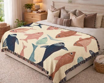 Vintage Style Fish Woven Blanket Retro Coastal Bedroom Decor Cozy Living Room Throw Aesthetic Nautical Gift Housewarming Woven Blanket 655a