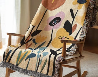 Woven Blanket Abstract Flower Birthday Gift for Best Friend Aesthetic Dorm Decor Pastel Purple Yellow Floral Throw Blanket Soft Wrap 665a