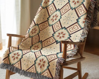 Geometric Floral Woven Blanket Cute Cream Tapestry Throw For Bedroom Decor Aesthetic Birthday Gift For Best Friend Cozy Cotton Blanket 692
