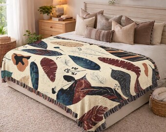 Holiday Gift Woven Blanket Leaf Design Cozy Soft Cotton Throw for Winter Season Warm Housewarming Present Botanical Pattern Tapestry 767