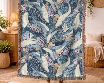 Whale Throw Blanket Ocean Undersea Woven Blanket Aesthetic Room Decor Coastal Art Blanket Marine Life Housewarming Holiday Gift Idea 658a