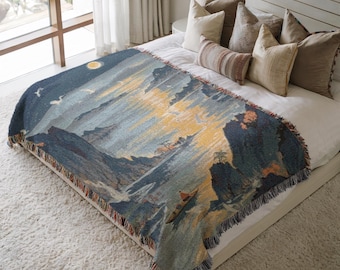 Woven Blanket Vintage Scenic Mountain Landscape Throw Soft Cotton Tapestry Wall Hanging Living Room Decor Anniversary Occasion Gift 385
