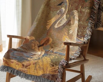 Manta tejida con diseño de cisne, regalo de cumpleaños único para ella, decoración estética para la habitación, manta de punto de algodón, tapiz artístico de aves para sofá o cama 417