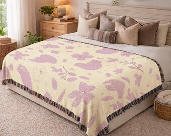 Woven Blanket Lavender Floral Bird Pattern Cotton Fringe Throw Blanket Anniversary Gift for Wife Housewarming Gift New Home Decor 726