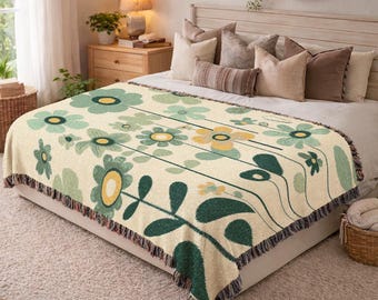 Sage Green Flower Woven Blanket Retro Groovy Throw Blanket Cute Floral Bedding Aesthetic Cottagecore Room Decor Cozy Housewarming Gift 667