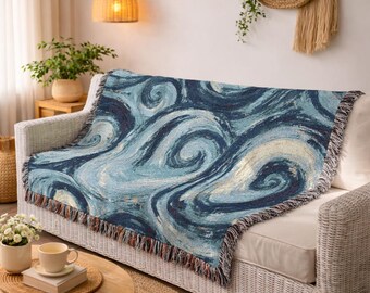Aesthetic Blue Swirl Woven Blanket Modern Abstract Art Throw Starry Night Inspired Decor Cozy Woven Cotton Blanket Housewarming Gift 650a