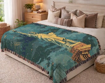 Statue of Liberty Woven Blanket New York City Art Throw Housewarming Gift For New Home Patriotic Wall Tapestry Cotton Woven Blanket 337