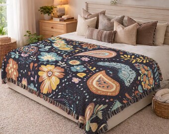 Woven Blanket Bohemian Paisley Floral Tapestry Throw Aesthetic Housewarming Gift Cozy Bedroom Decor Cute Throw Blanket for Sofa Couch 714