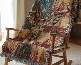 Manta rústica tejida con diseño de venado de cola blanca, bandera patriótica, de algodón, regalo de cumpleaños único para él, amante de la naturaleza, decoración de cabaña, sala de estar para papá 422