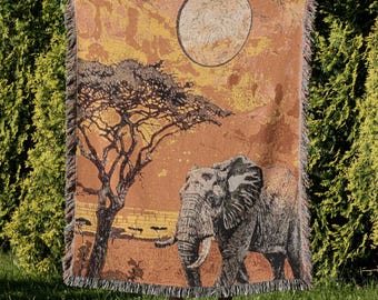 African Elephant Woven Blanket Safari Animal Art Throw Cotton Tapestry Wall Decor Unique Birthday Gift for Nature Lover Home Bedding 409