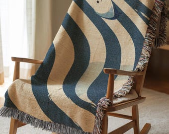 Polar Bear Woven Blanket Blue Navy Cream Wavy Stripe Throw Blanket Minimalist Animal Art Cotton Bedding Living Room Decor Housewarm 306