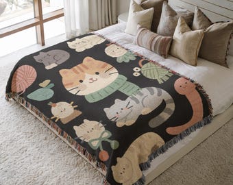 Woven Blanket Holiday Gift for Cat Lovers Cozy Kitten Throw Blanket Whimsical Animal Art Cotton Woven Tapestry Cute Cats Home Decor 349