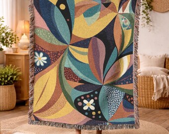 Woven Blanket Mid Century Modern Throw Blanket Colorful Abstract Botanical Tapestry Rug Holiday Gift for Her Housewarming Gift New Home 722