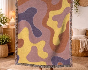 Abstract Woven Blanket Retro Wavy Throw Blanket Large Cotton Tapestry Wall Hanging Boho Home Decor Unique Art Gift 70s Style Blanket 688
