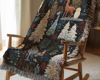 Woven Blanket Forest Animal Throw Blanket Cozy Cabin Decor Cute Birthday Gift For Her Pine Tree Blanket Woodland Deer Throw Owl 1060