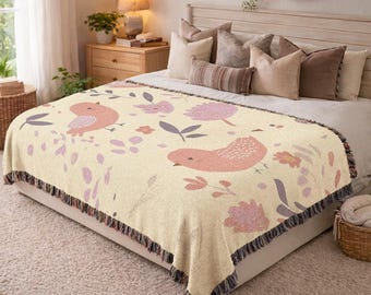 Manta tejida con estampado de pájaros y flores, tapiz decorativo estilo cottagecore, regalo para el Día de la Madre, regalo para la abuela, manta de algodón tejida rosa pastel para sofá 729