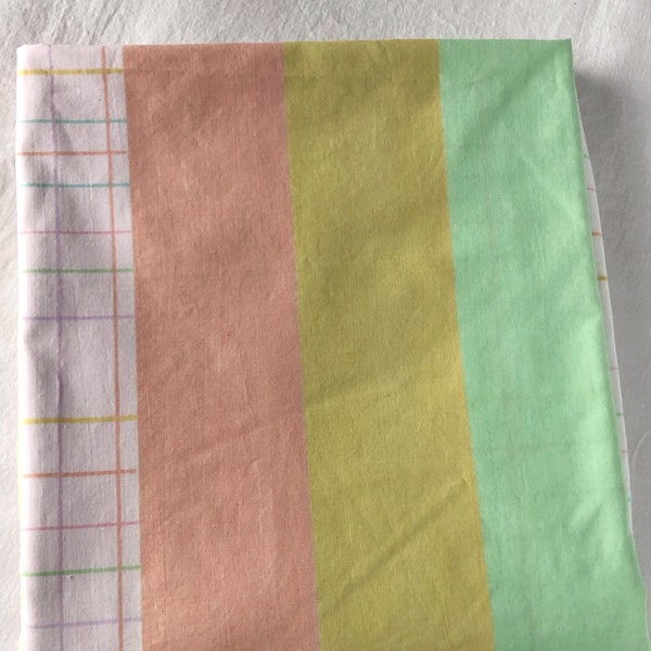 Vintage 1980's Performance Products Rainbow Pastel Green Orange Yellow Stripe Plaid Full Flat 82x92"