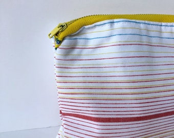 Vintage Striped Fabric Zippered 6x8" Pouch Make-up Bag Clutch Repurposed Yellow Red Blue with coordinating fabric liner and matching zipper.