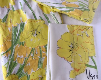 Vintage 1970's Vera Neumann For Burlington 'Springtime' FULL Fitted Flat Single Standard Pillowcase Yellow Colorway Iris Daffodil LilyFLAWS