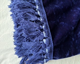 Vintage Crushed Velvet Royal Blue Dark Purple Comforter Blanket Bed Spread with Fringe Hem Tassels 90x90"