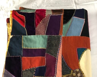 Antique Vintage Crazy Quilt Hand Stitched Tied Cotton Velvet Wool Silk Embroidery 88x76" FLAWS