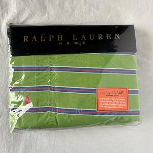 Sábana plana tamaño King de rayas verdes, azules y rojas Jitney de Ralph Lauren, 100 % algodón, fabricada en EE. UU., con lavado al océano