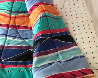 Vintage Cannon 1990s Abstract Jewel Tones Print Stripes Dots Pink Blue Black Twin Comforter Standard Pillowcase Set