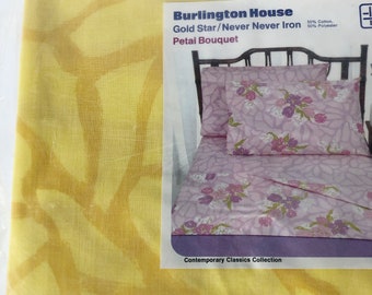 Vintage 1970s Burlington House FULL FITTED NOS Sheet Petal Bouquet Yellow Floral Mod