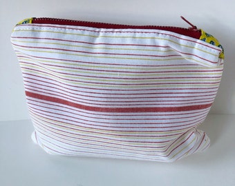 Vintage Striped Fabric Zippered 6x8" Pouch Make-up Bag Clutch Repurposed Yellow Red Blue with coordinating fabric liner and matching zipper